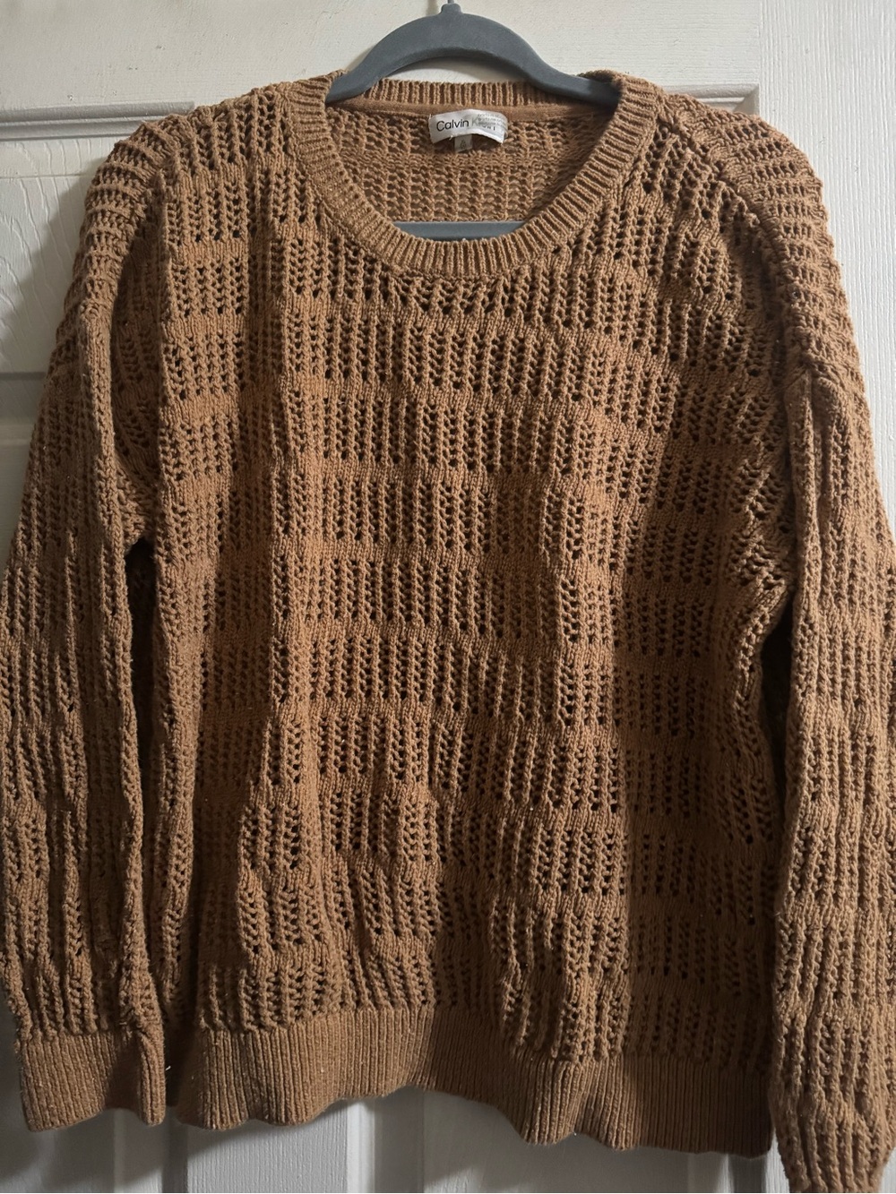 Calvin Klein Women’s Tan Open-Knit Crewneck Sweater